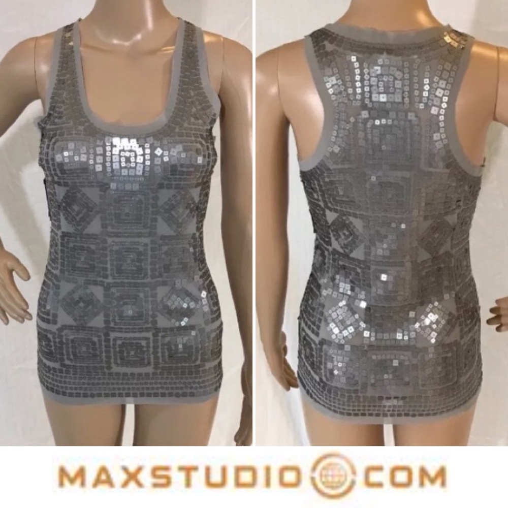 NWT MAX STUDIO MATTE SILVER GRAY MESH RAW EDGE TOP